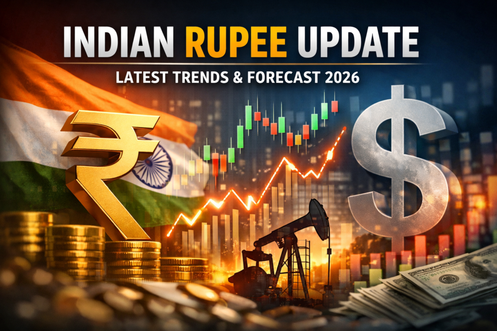 Indian Rupee vs Dollar with stock chart and economic symbols illustration